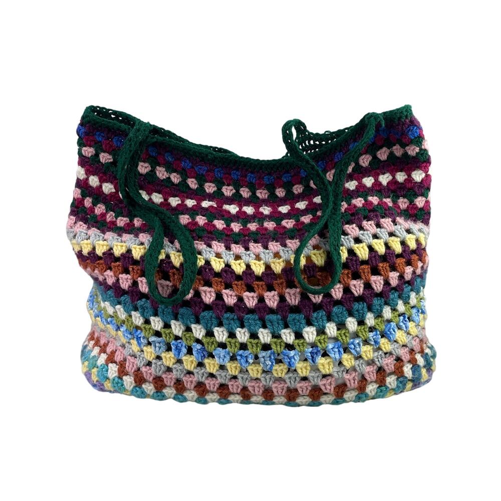 Women's Multicolor Colorful Crochet Knit Granny Striped Shoulder Tote Handbag OS